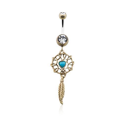 Brass/Clear/Turquoise Antique Turquoise Heart Dreamcatcher Belly Button Ring