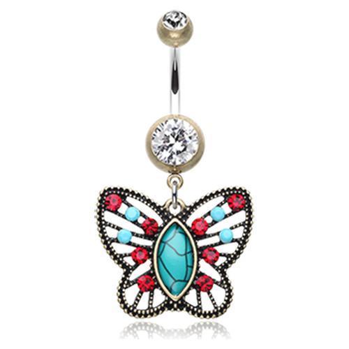 Brass/Clear/Turquoise Vintage Boho Butterfly Fliligree Belly Button Ring