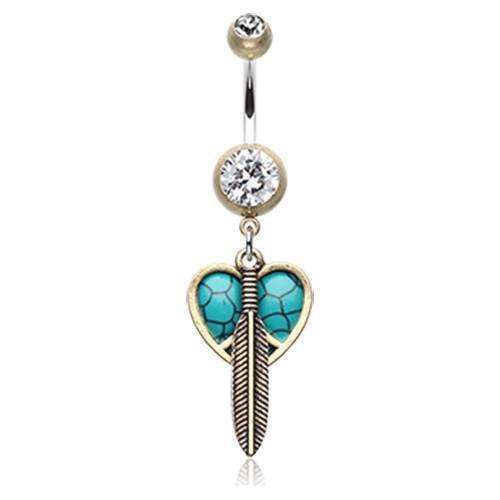 Brass/Clear/Turquoise Vintage Boho Peace Heart w/ Feather Belly Button Ring