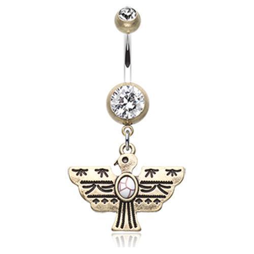 Brass/Clear/White Vintage Boho Aztec Thunderbird Mural Belly Button Ring
