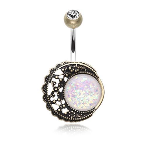 Brass/Clear/White Vintage Boho Filigree Moon Opal Belly Button Ring