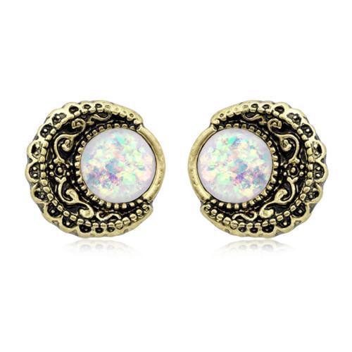 Brass/White Vintage Boho Filigree Moon Opal Ear Stud Earrings - 1 Pair