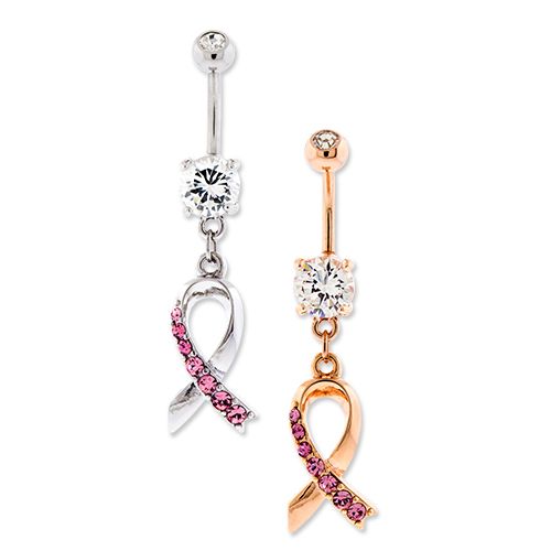 Belly Ring - No Dangle Breast Cancer Awareness Belly Ring Ribbon  With Pink Pave Gems - 1 Piece -Rebel Bod-RebelBod