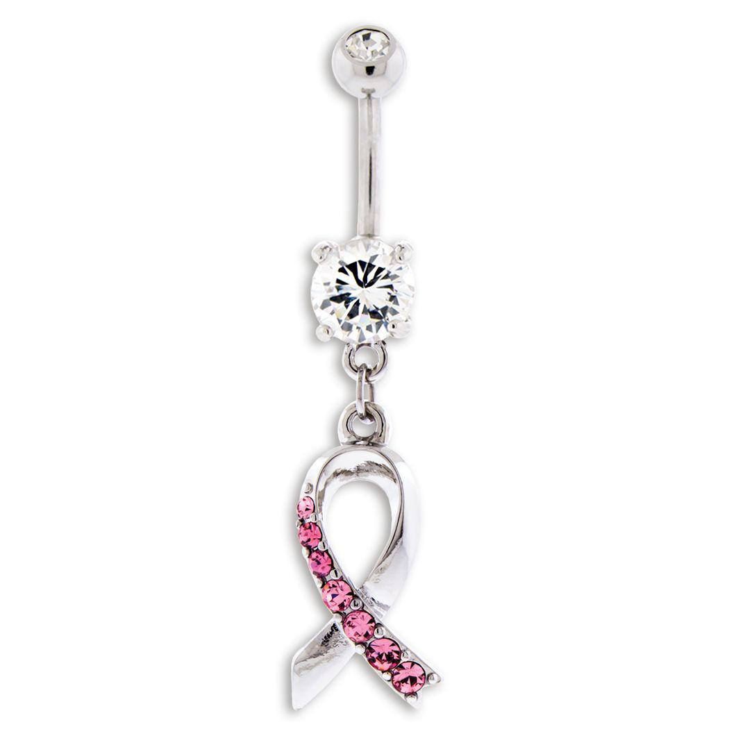 Belly Ring - No Dangle Breast Cancer Awareness Belly Ring Ribbon  With Pink Pave Gems - 1 Piece -Rebel Bod-RebelBod