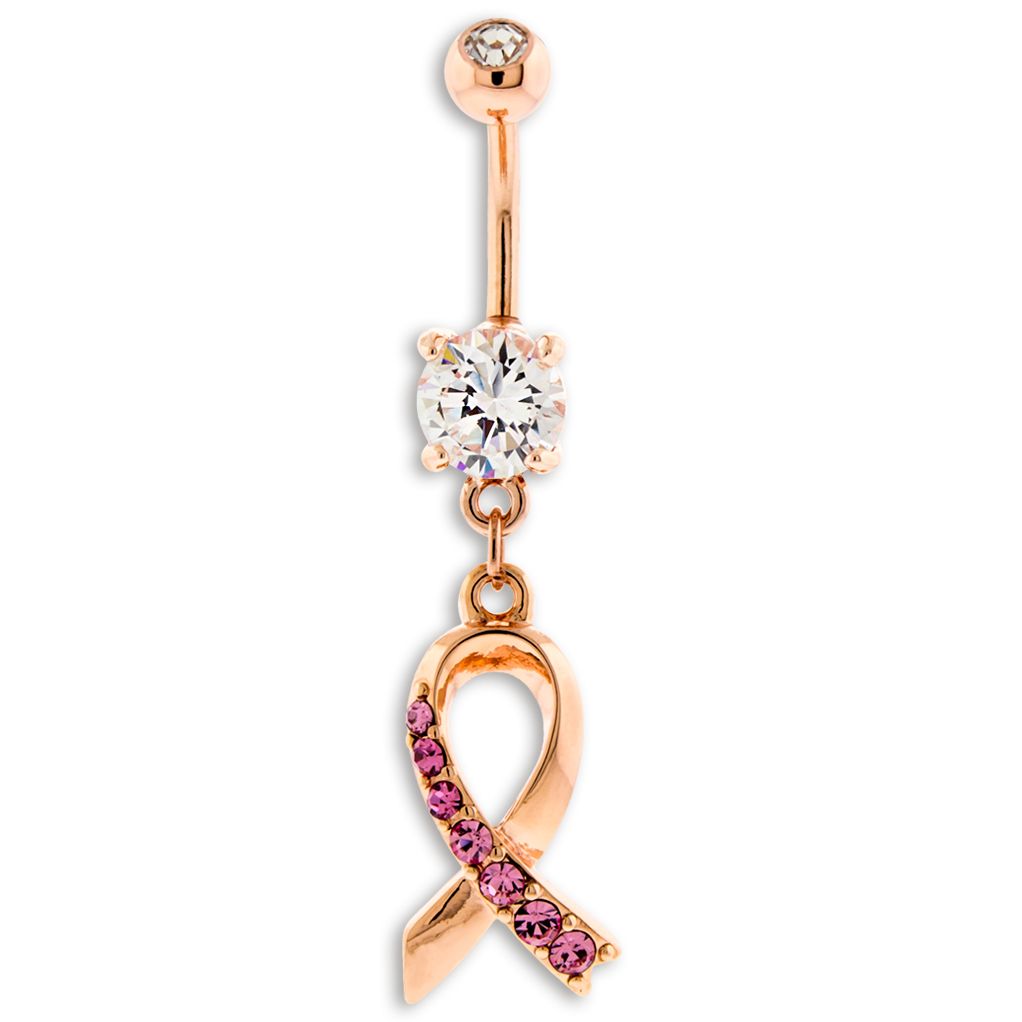 Belly Ring - No Dangle Breast Cancer Awareness Belly Ring Ribbon  With Pink Pave Gems - 1 Piece -Rebel Bod-RebelBod