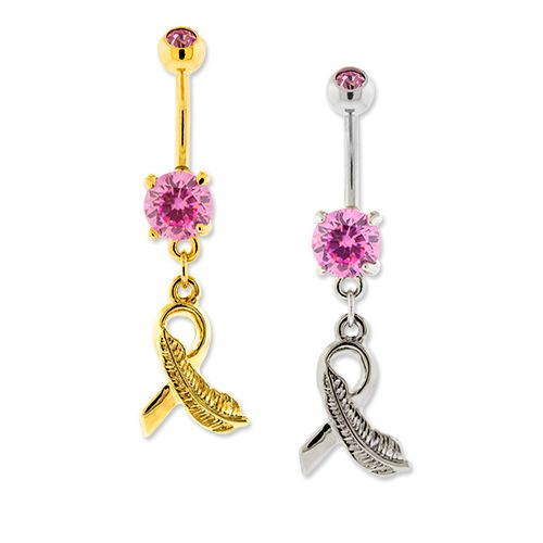 Belly Ring - No Dangle Breast Cancer Awareness Ribbon With Feather Belly Ring - 1 Piece -Rebel Bod-RebelBod