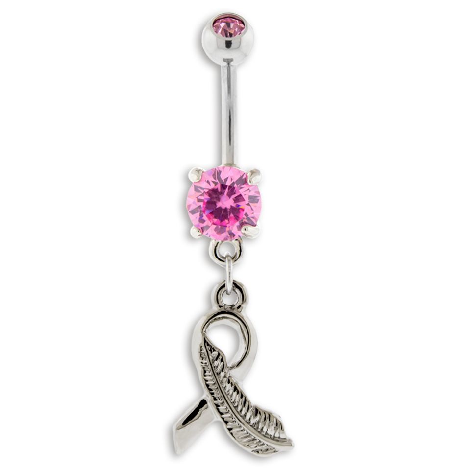 Belly Ring - No Dangle Breast Cancer Awareness Ribbon With Feather Belly Ring - 1 Piece -Rebel Bod-RebelBod