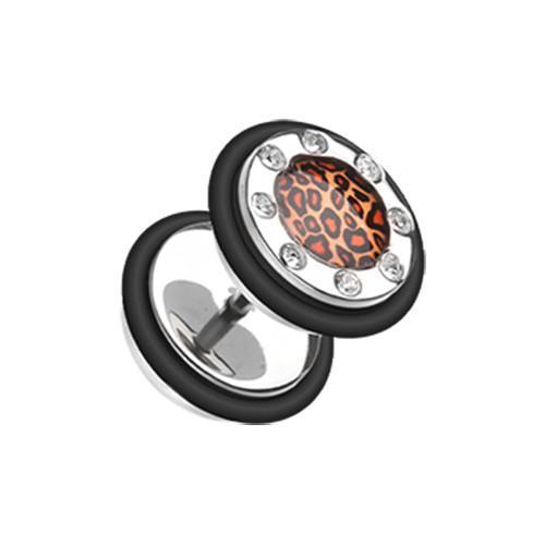 Brown Leopard Gem Rimmed Fake Plug - 1 Pair