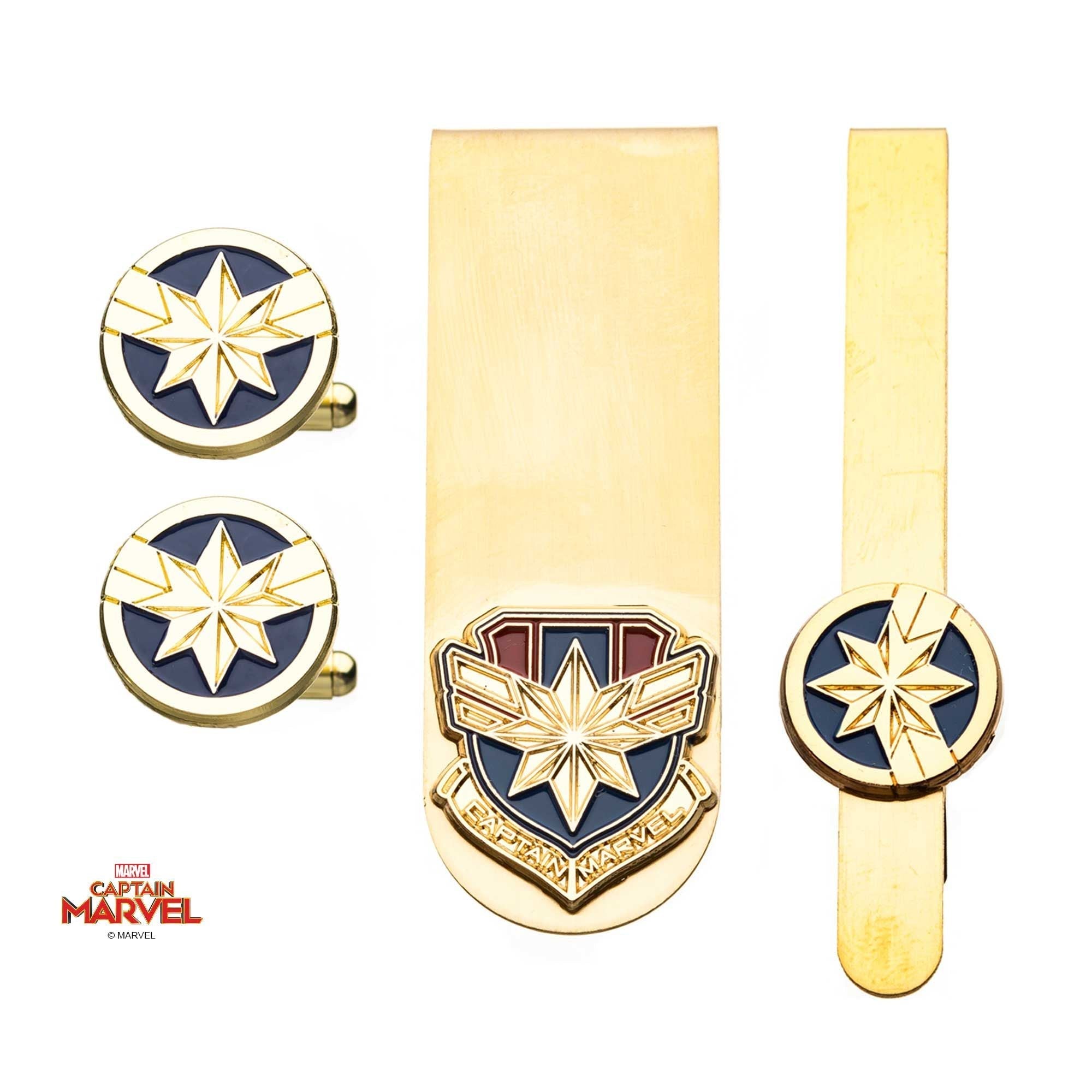 MARVEL Captain Marvel Cuff links, Tie Bars Money Clip Set -Rebel Bod-RebelBod