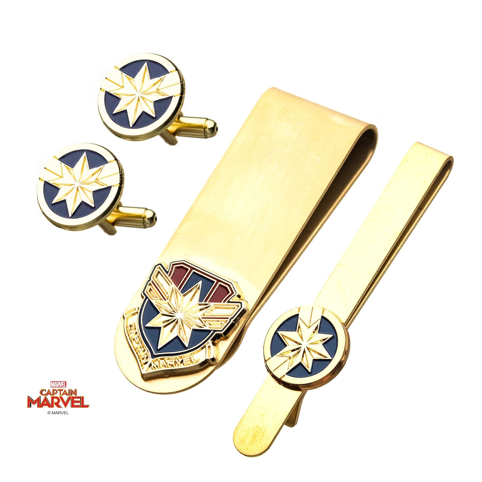 MARVEL Captain Marvel Cuff links, Tie Bars Money Clip Set -Rebel Bod-RebelBod