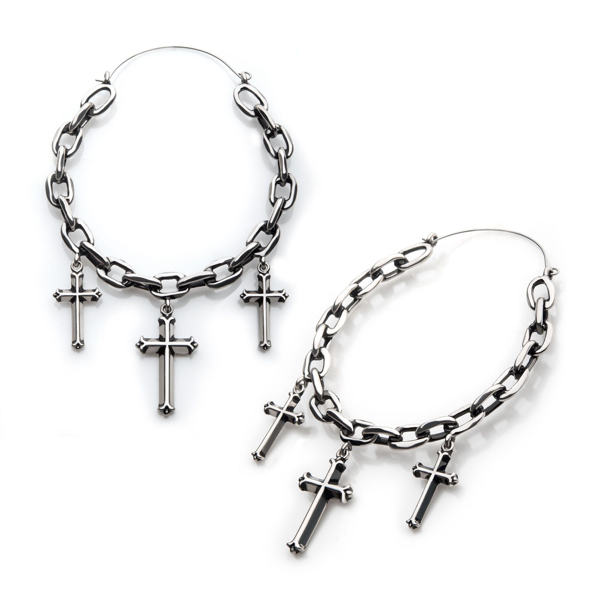 Chain Link Dangling Triple Crosses Plug Hoops -Rebel Bod-RebelBod