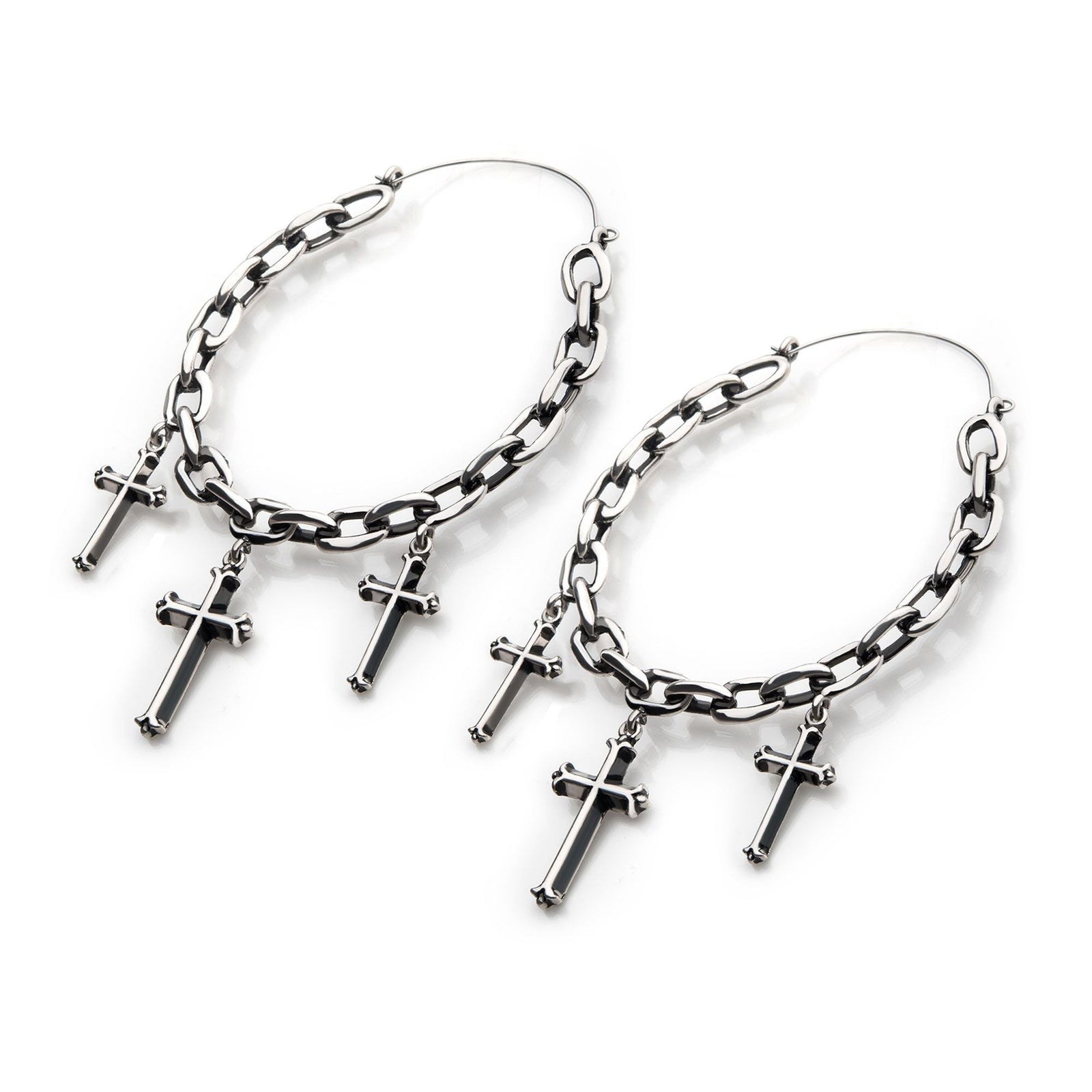 Chain Link Dangling Triple Crosses Plug Hoops -Rebel Bod-RebelBod