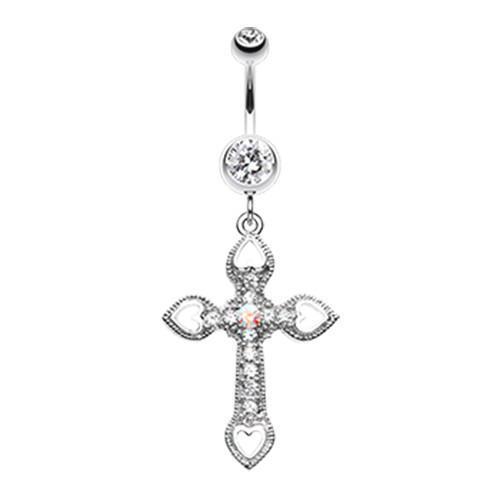 Clear/Aurora Borealis Cross Hearts Belly Button Ring