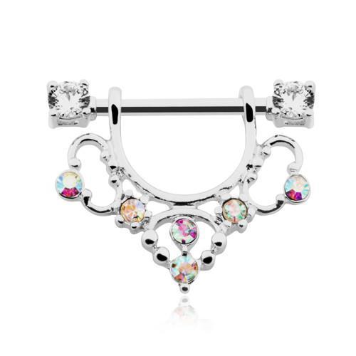 Clear/Aurora Borealis Elegant Sparkle Filigree Dangle Nipple Shield Ring - 1 Piece
