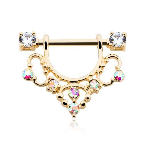 Clear/Aurora Borealis Golden Elegant Sparkle Filigree Dangle Nipple Shield Ring - 1 Piece