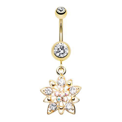 Clear/Aurora Borealis Golden Flower Cluster Belly Button Ring