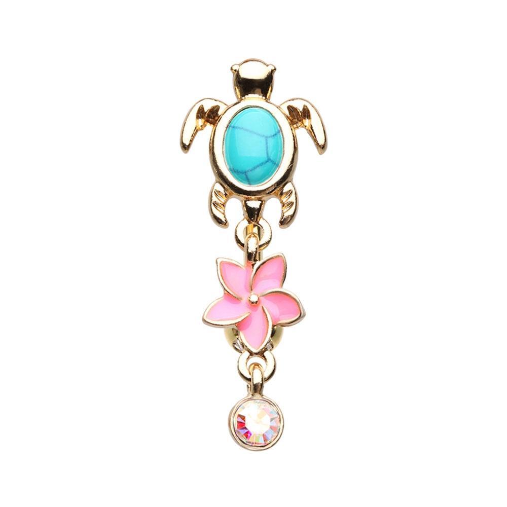 Clear/Aurora Borealis/Turquoise Golden Hawaiian Sea Turtle Belly Button Ring