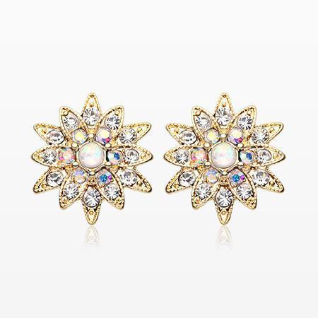 Clear/Aurora Borealis/White Golden Opal Chrysanthemum Flower Ear Stud Earrings - 1 Pair