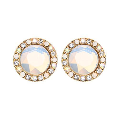 Clear/Aurora Borealis/White Golden Round Crown Faceted Jeweled Combo Ear Stud Earrings - 1 Pair