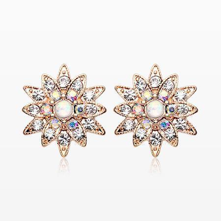 Clear/Aurora Borealis/White Rose Gold Opal Chrysanthemum Flower Ear Stud Earrings - 1 Pair