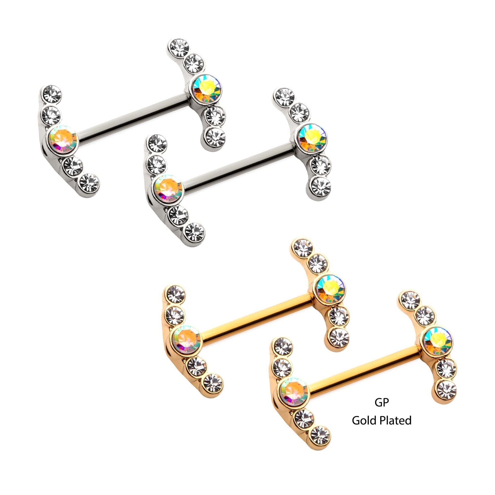 TBD-Nipple Clear Aurora Borealiz Glass Gems 5-Cluster Nipple Barbell -Rebel Bod-RebelBod