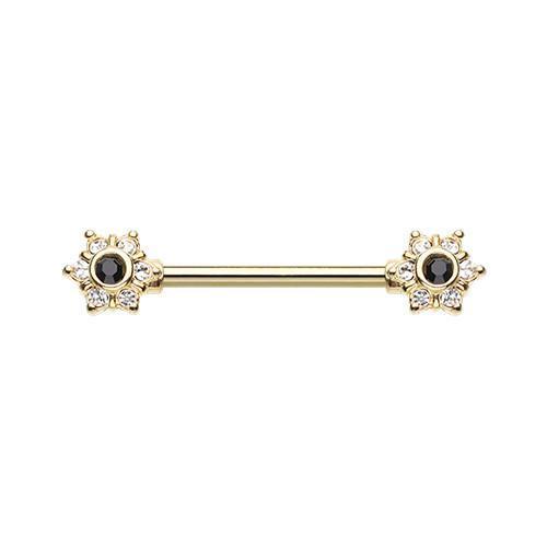 Clear/Black Golden Twinkle Starburst CZ Ornate Nipple Barbell - 1 Piece