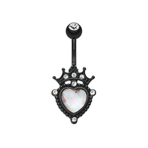 Clear Black Crowned Opalite Heart Belly Button Ring