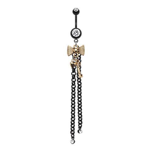 Clear Black Gold Bow-Tie Lock Key Belly Button Ring