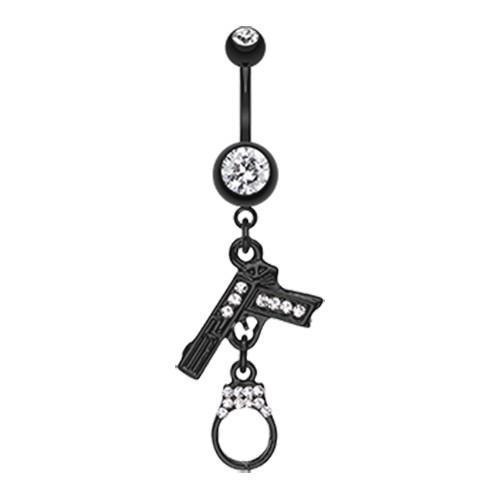 Clear Black Handgun Cuff Sparkle Belly Button Ring