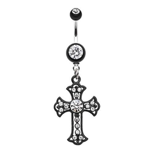 Clear Black Opulent Cross Belly Button Ring