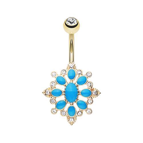 Clear/Blue Golden Roesia Ornate Multi-Gem Belly Button Ring