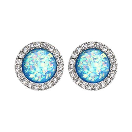 Clear/Blue Round Crown Opal Jeweled Ear Stud Earrings - 1 Pair