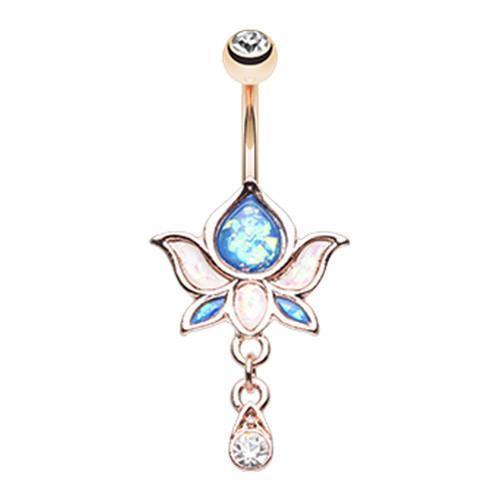 Belly Ring - Dangle Clear/Blue/White Rose Gold Opal Lotus Flower Drop Dangle Belly Button Ring -Rebel Bod-RebelBod