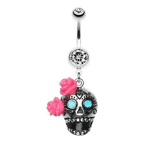 Clear Bright Sugar Skull Rose Belly Button Ring