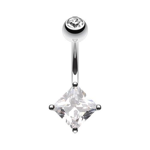 Clear Classic Square Gem Prong Sparkle Belly Button Ring