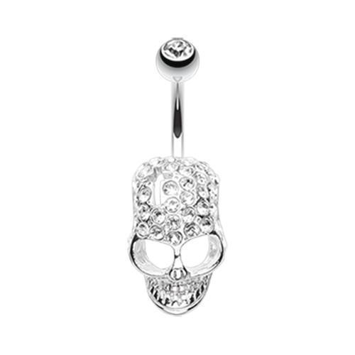 Clear Cross Gem Paved Hardcore Skull Belly Button Ring