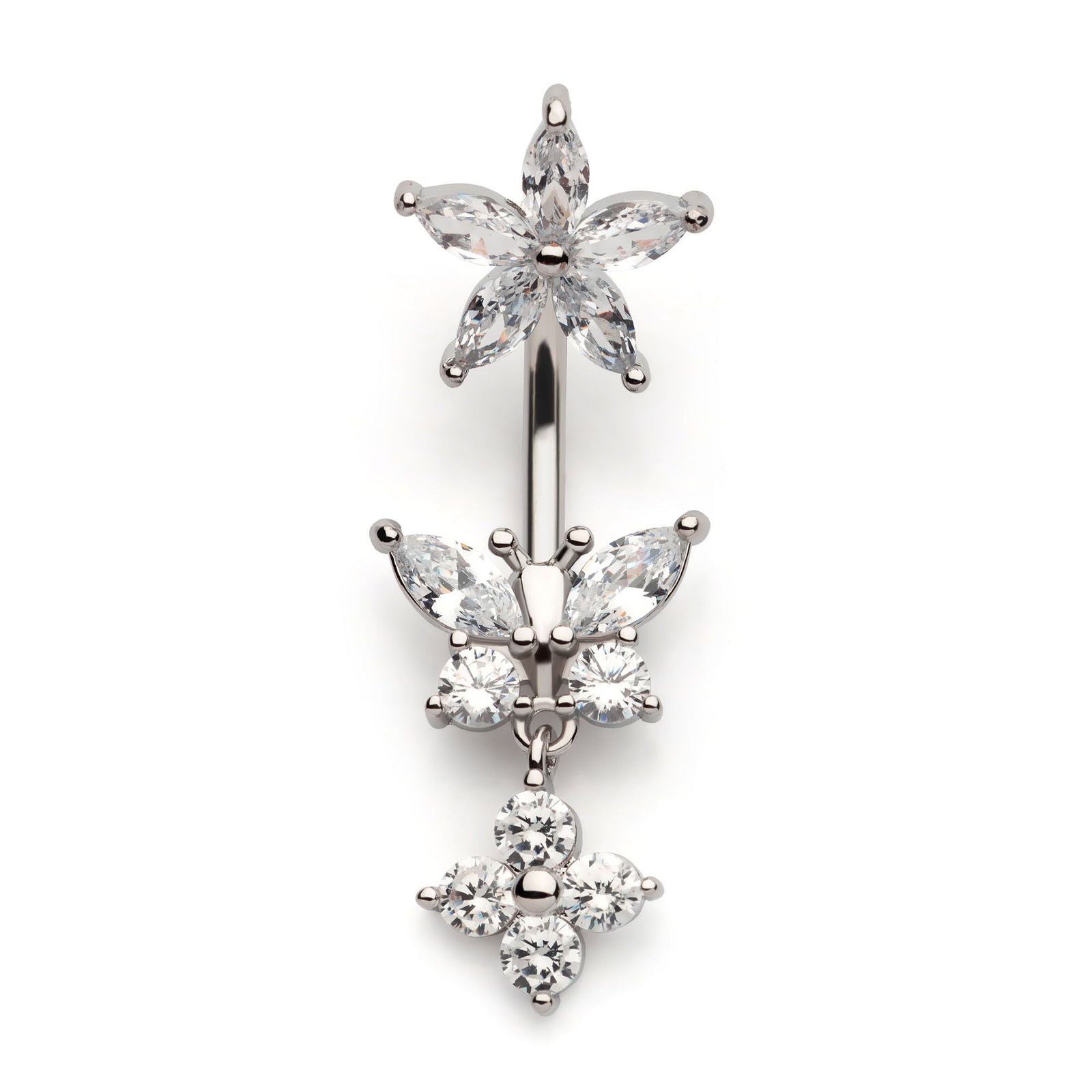Belly Clear CZ Flower Top Butterfly Dangle Navel nesl-22049c -Rebel Bod-RebelBod