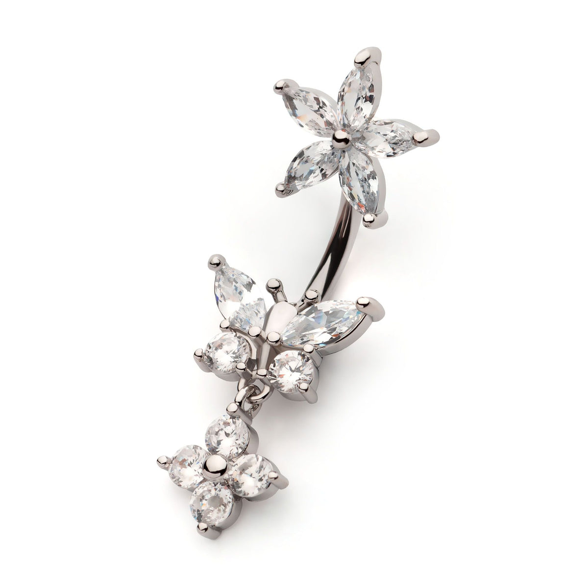 Belly Clear CZ Flower Top Butterfly Dangle Navel nesl-22049c -Rebel Bod-RebelBod