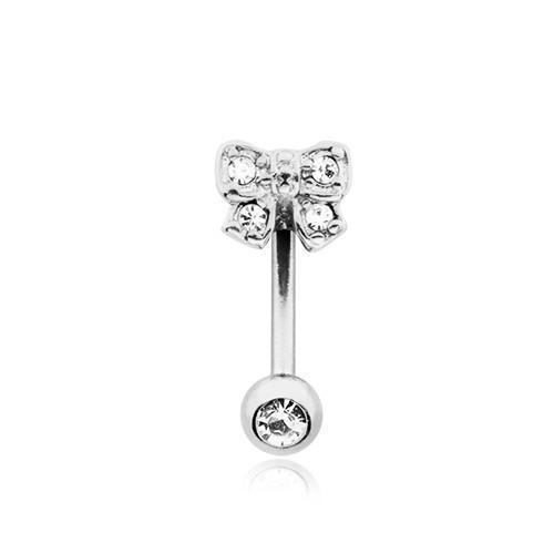 Clear Dainty Bow-Tie Sparkle Gem Ball Curved Barbell Eyebrow Ring