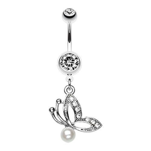 Clear Elegant Butterfly Pearl Belly Button Ring