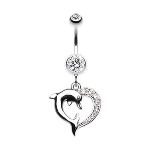 Clear Enchanting Heart Dolphin Belly Button Ring