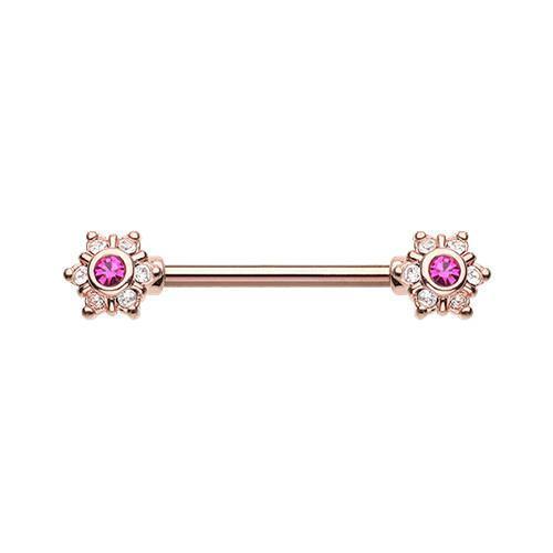 Clear/Fuchsia Rose Gold Twinkle Starburst CZ Ornate Nipple Barbell Ring - 1 Piece