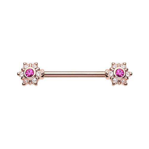 Clear/Fuchsia Rose Gold Twinkle Starburst CZ Ornate Nipple Barbell - 1 Piece