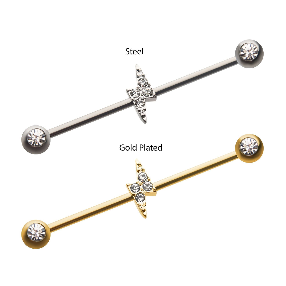 Clear Gem Lightning Bolt Industrial Barbell 1 Piece Rebel Bod