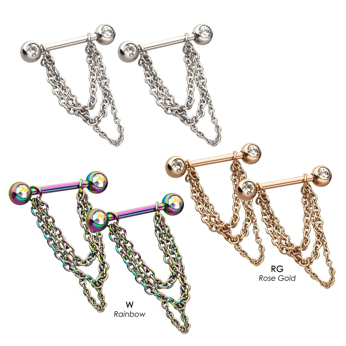 Nipple Barbell Clear Gem with Chain Nipple Barbell - 1 Pair sbvbs4542-pr -Rebel Bod-RebelBod