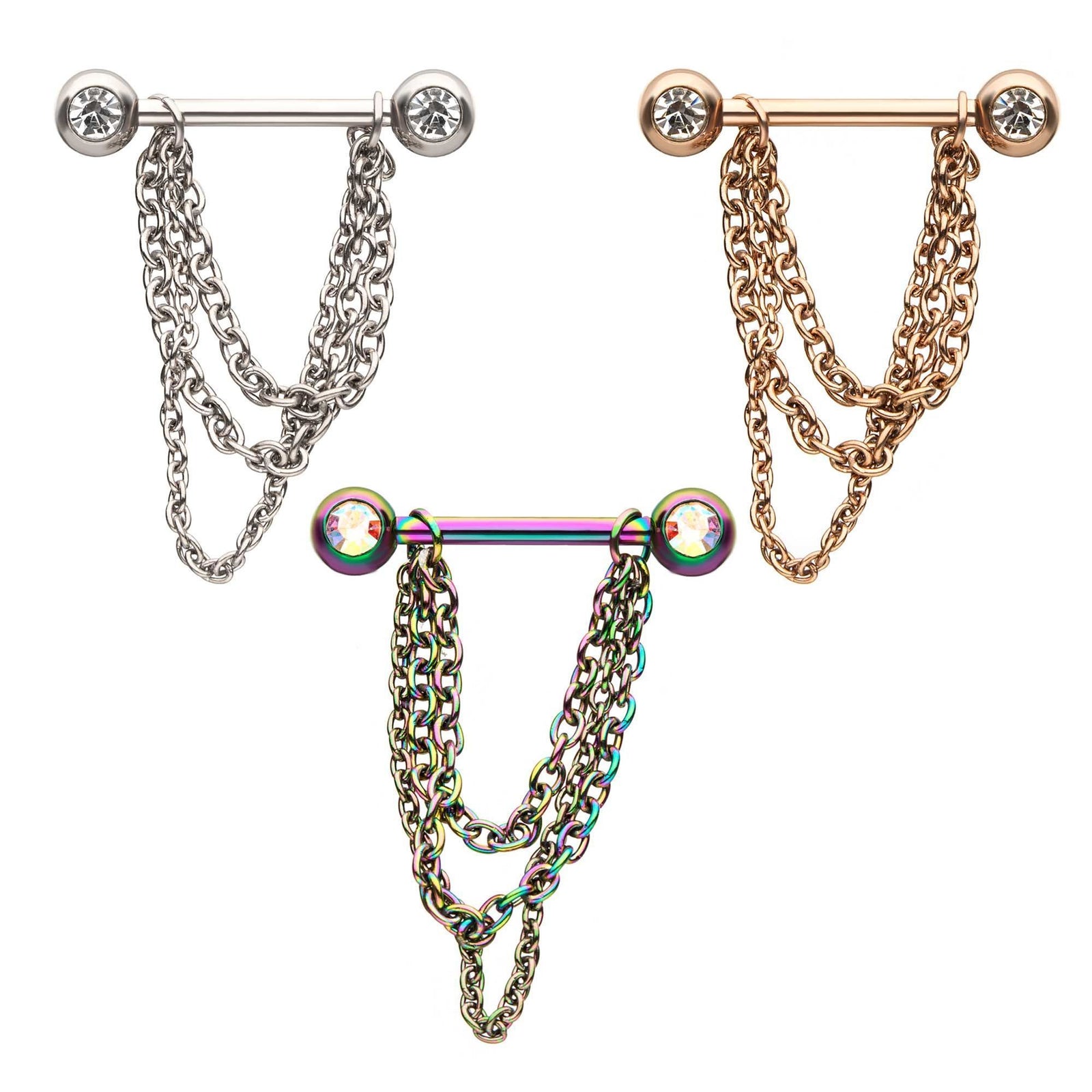 Nipple Barbell Clear Gem with Chain Nipple Barbell - 1 Pair sbvbs4542-pr -Rebel Bod-RebelBod