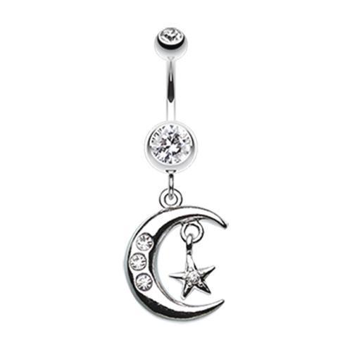 Clear Glistening Moon and Star Belly Button Ring