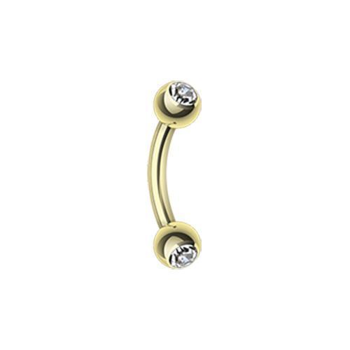 Clear Gold Plated Double Gem Ball Curved Barbell Eyebrow Ring