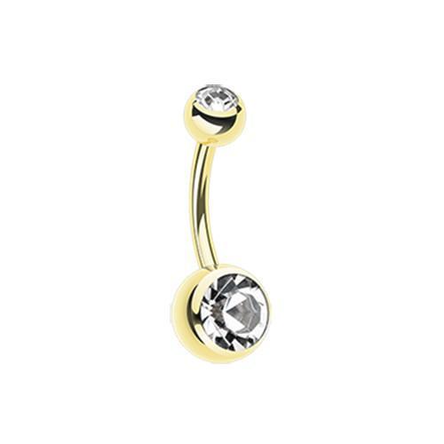 Belly Ring - No Dangle Clear Gold PVD Double Gem Ball Steel Belly Button Ring -Rebel Bod-RebelBod