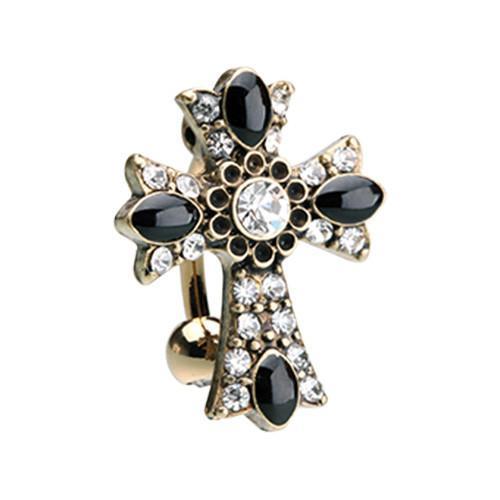 Clear Golden Antique Cross Drop Top Reverse Belly Button Ring